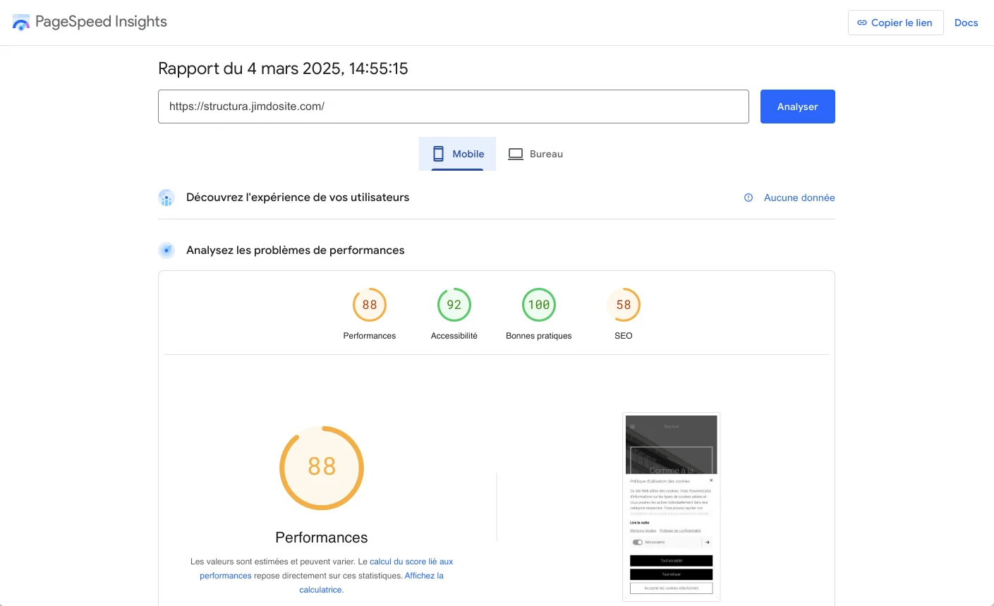 Score performance mobile Jimdo