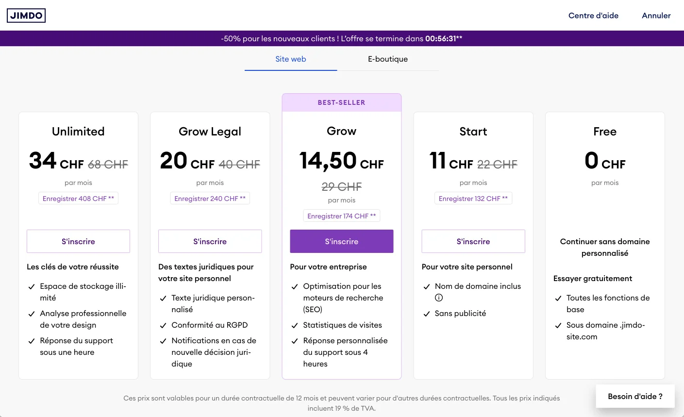 Prix site vitrine Jimdo
